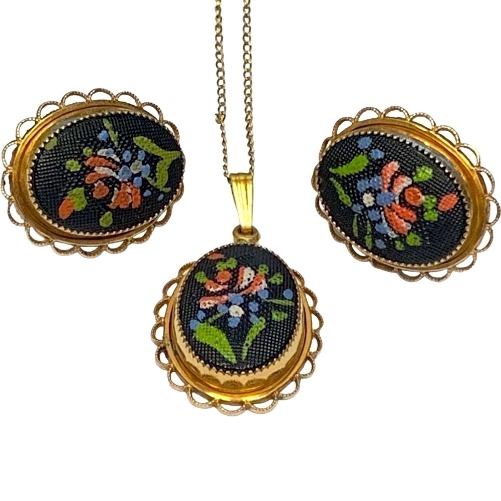 Vintage AMCO Painted Necklace and Earrings Set